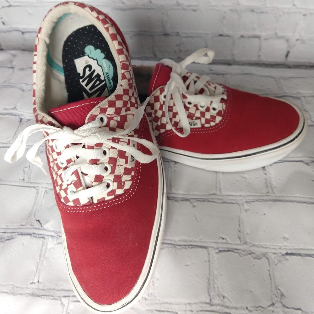 Red Checkered and Suede Vans Lace Up Sneakers Size 8 Comfy Cush